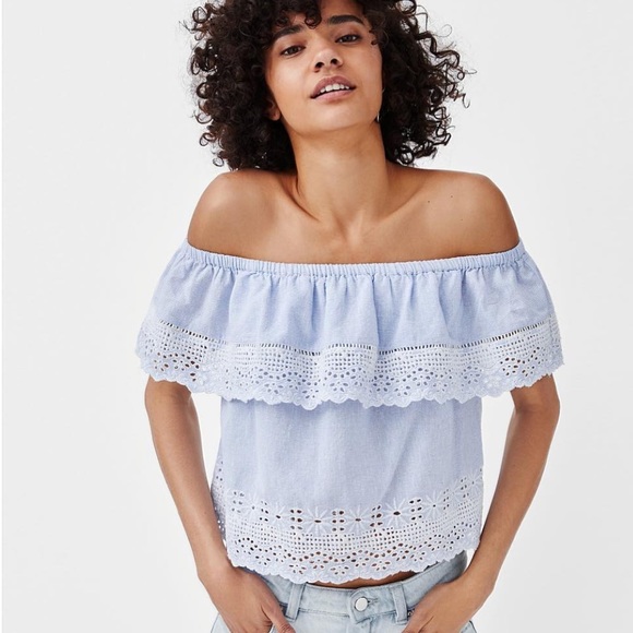 Zara Tops - Zara Off Shoulder Striped Embroidered Lace Top S